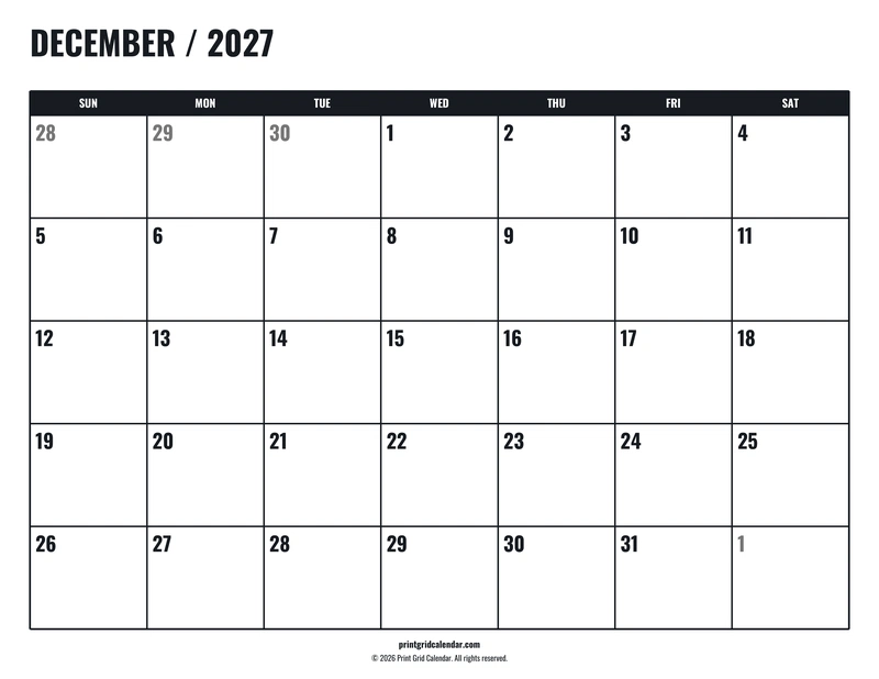 December 2027 Calendar — Tall workspace — US Letter · Landscape · Sunday start