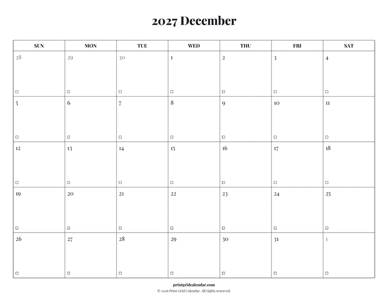 December 2027 Calendar — Editorial checklist — US Letter · Landscape · Sunday start