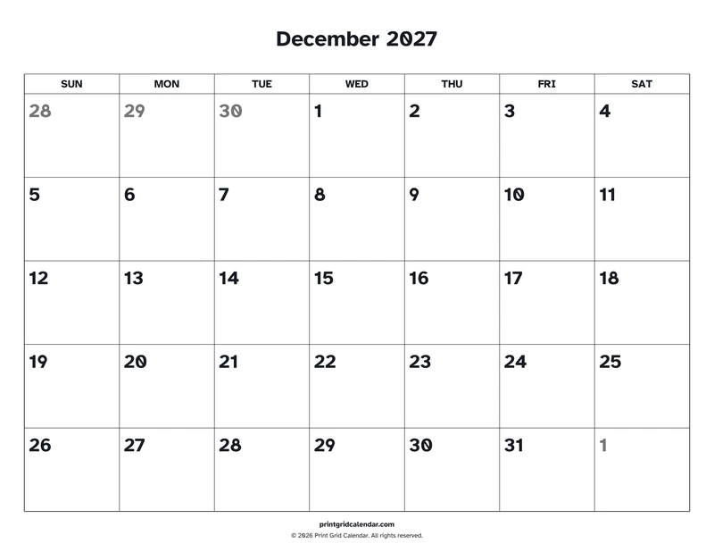 December 2027 Calendar — Easy read — US Letter · Landscape · Sunday start