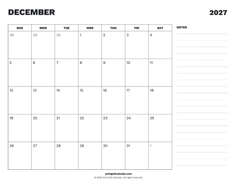 December 2027 Calendar — Desk notes — US Letter · Landscape · Sunday start