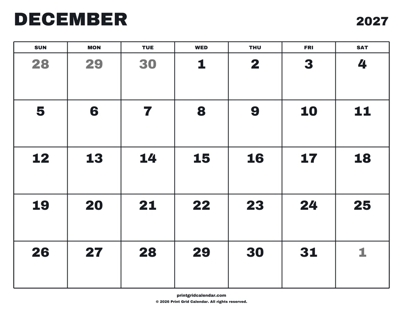 December 2027 Calendar — Big statement — US Letter · Landscape · Sunday start