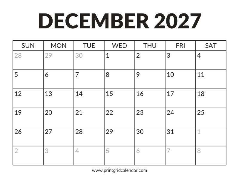 December 2027 Calendar — Bold Display — US Letter · Landscape · Sunday start