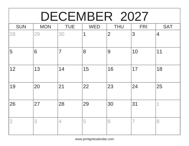 December 2027 Calendar — Classic Frame — US Letter · Landscape · Sunday start