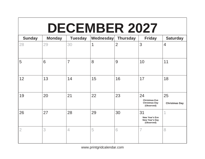 December 2027 Calendar — US Holidays & Observances — US Letter · Landscape · Sunday start