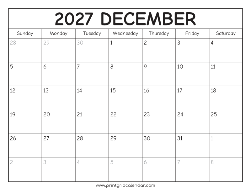 December 2027 Calendar — Rounded Outline — US Letter · Landscape · Sunday start