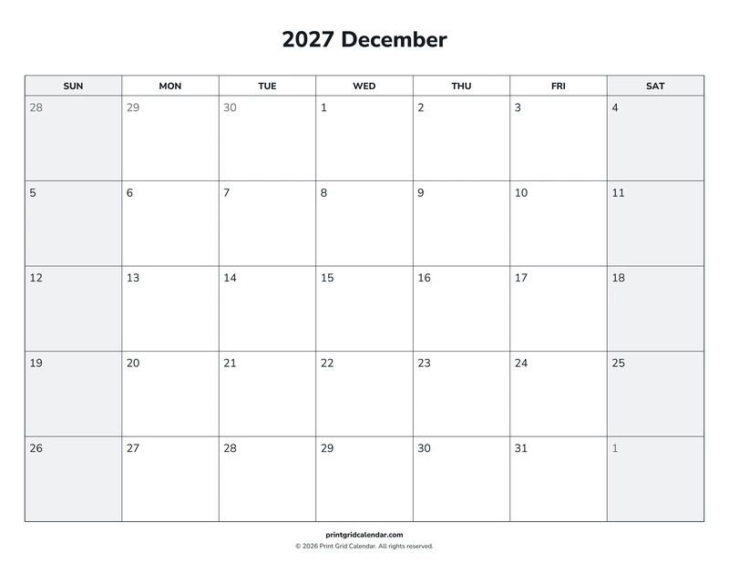December 2027 Calendar — Weekend rhythm — US Letter · Landscape · Sunday start