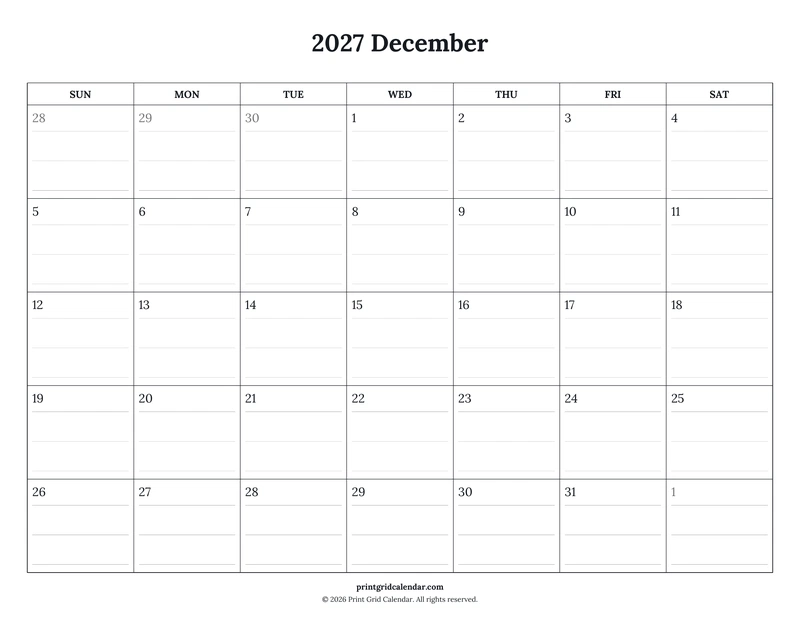 December 2027 Calendar — Ruled journal — US Letter · Landscape · Sunday start