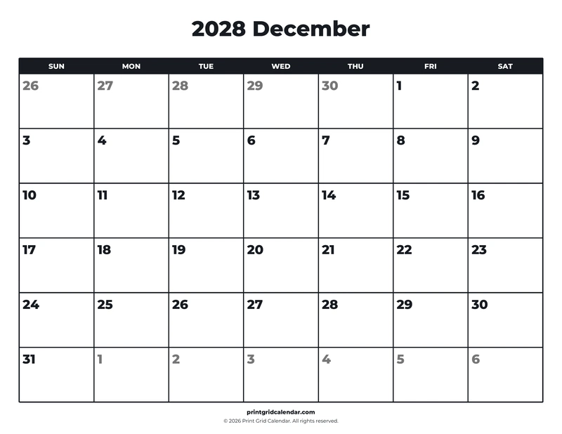 December 2028 Calendar — Bold essentials — US Letter · Landscape · Sunday start