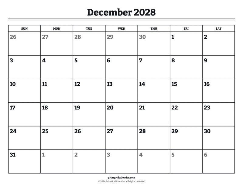 December 2028 Calendar — Bookish bold — US Letter · Landscape · Sunday start