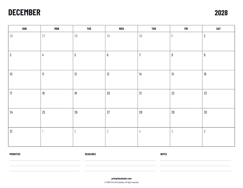 December 2028 Calendar — Plans below — US Letter · Landscape · Sunday start