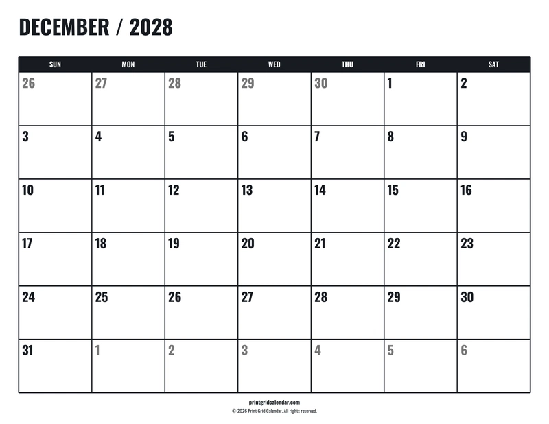 December 2028 Calendar — Tall workspace — US Letter · Landscape · Sunday start