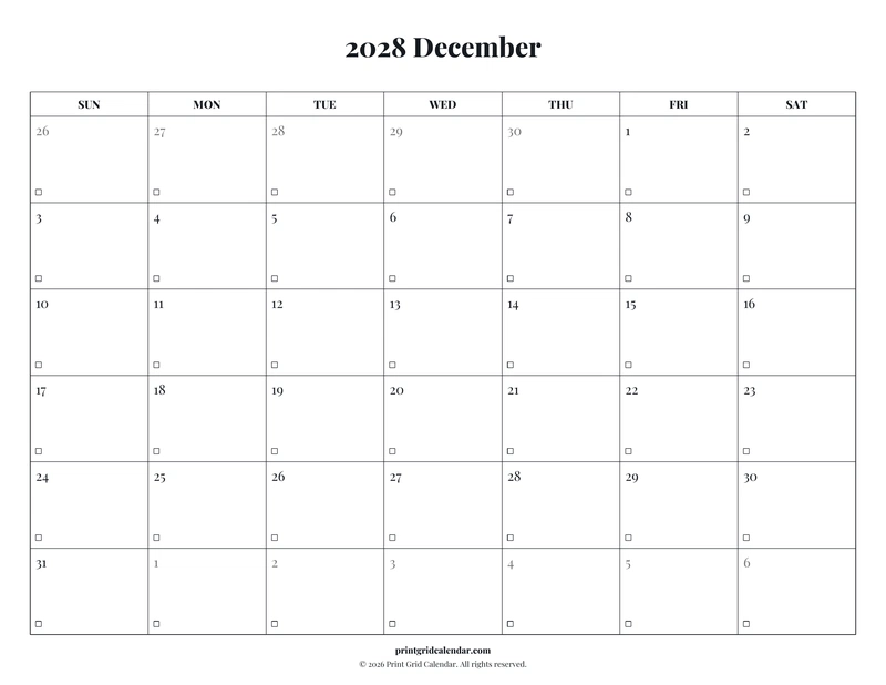 December 2028 Calendar — Editorial checklist — US Letter · Landscape · Sunday start