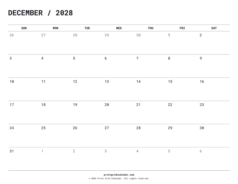 December 2028 Calendar — Quiet minimal — US Letter · Landscape · Sunday start