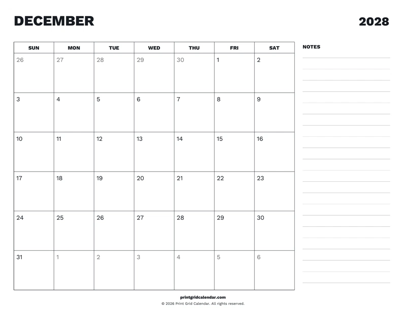 December 2028 Calendar — Desk notes — US Letter · Landscape · Sunday start