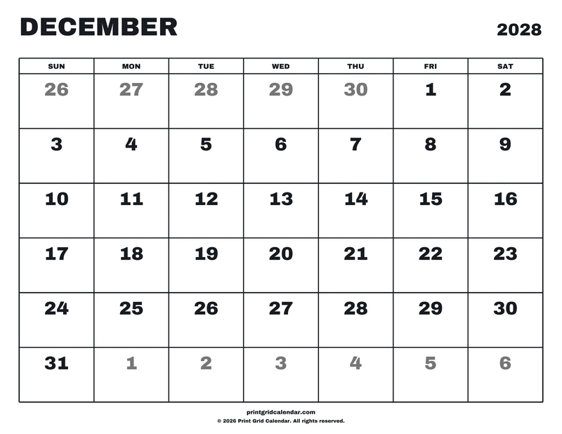 December 2028 Calendar — Big statement — US Letter · Landscape · Sunday start