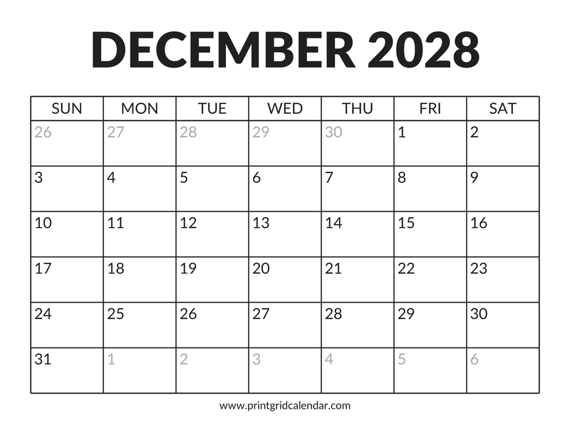 December 2028 Calendar — Bold Display — US Letter · Landscape · Sunday start