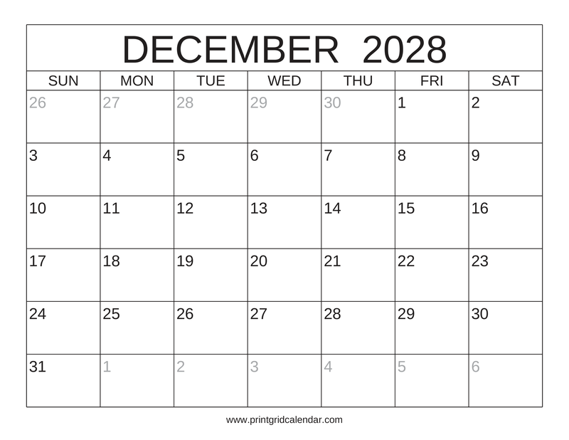December 2028 Calendar — Classic Frame — US Letter · Landscape · Sunday start