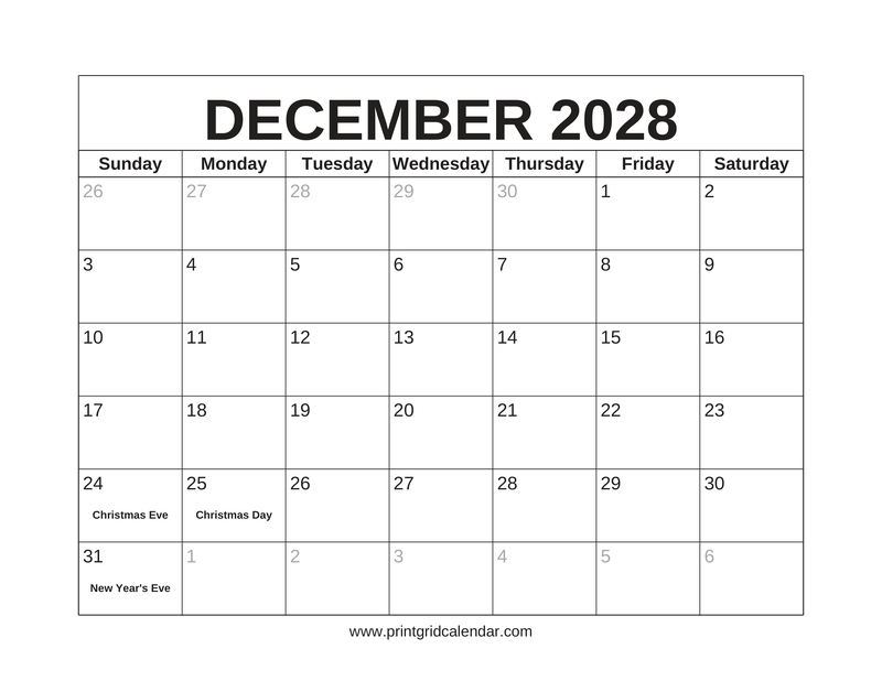 December 2028 Calendar — US Holidays & Observances — US Letter · Landscape · Sunday start