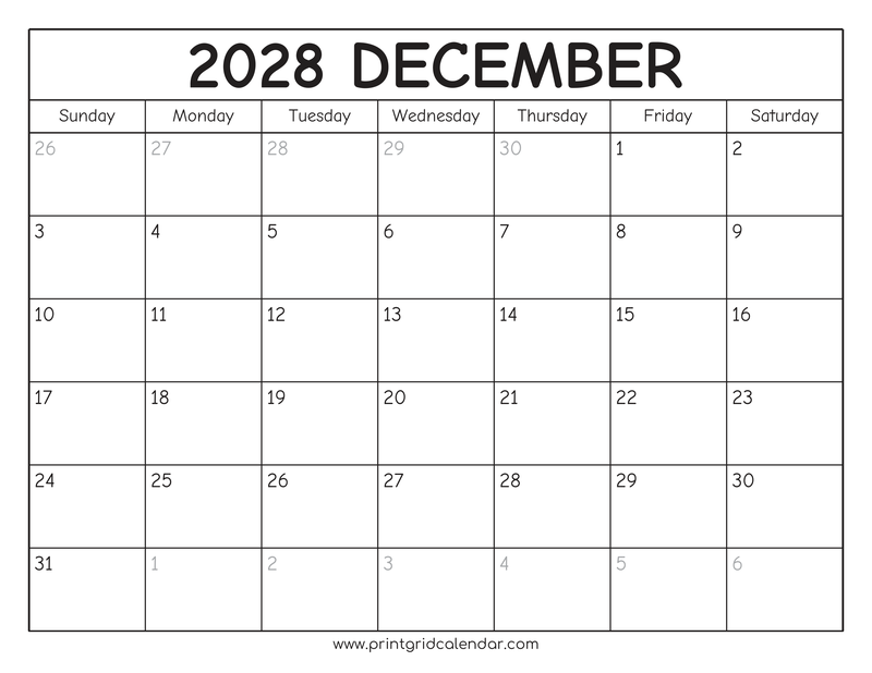 December 2028 Calendar — Rounded Outline — US Letter · Landscape · Sunday start