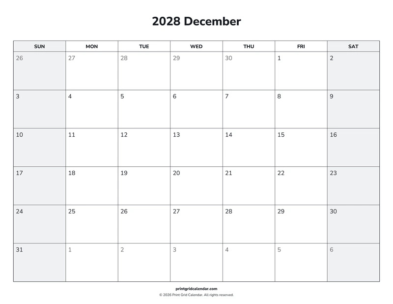 December 2028 Calendar — Weekend rhythm — US Letter · Landscape · Sunday start