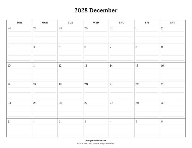 December 2028 Calendar — Ruled journal — US Letter · Landscape · Sunday start