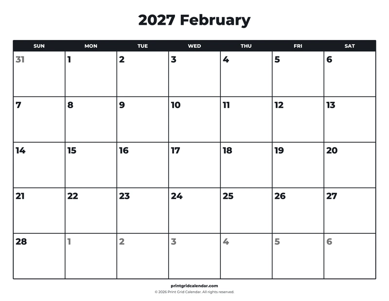 February 2027 Calendar — Bold essentials — US Letter · Landscape · Sunday start