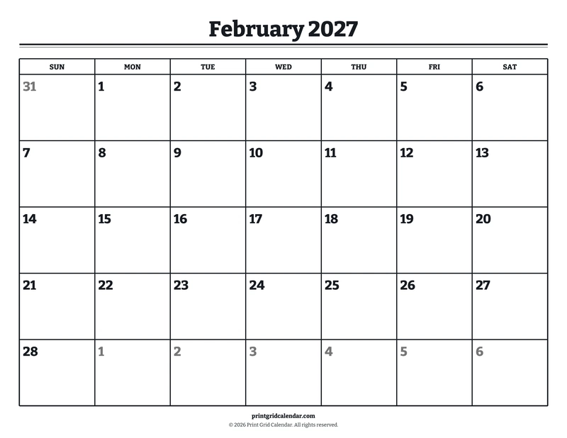 February 2027 Calendar — Bookish bold — US Letter · Landscape · Sunday start