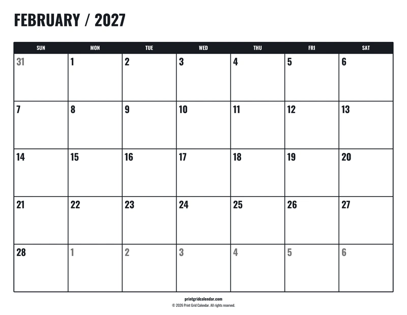 February 2027 Calendar — Tall workspace — US Letter · Landscape · Sunday start