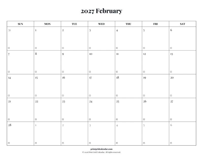 February 2027 Calendar — Editorial checklist — US Letter · Landscape · Sunday start
