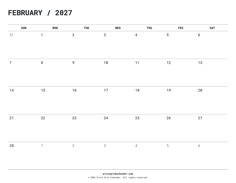 February 2027 Calendar — Quiet minimal — US Letter · Landscape · Sunday start