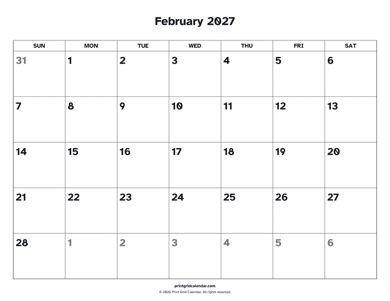 February 2027 Calendar — Easy read — US Letter · Landscape · Sunday start