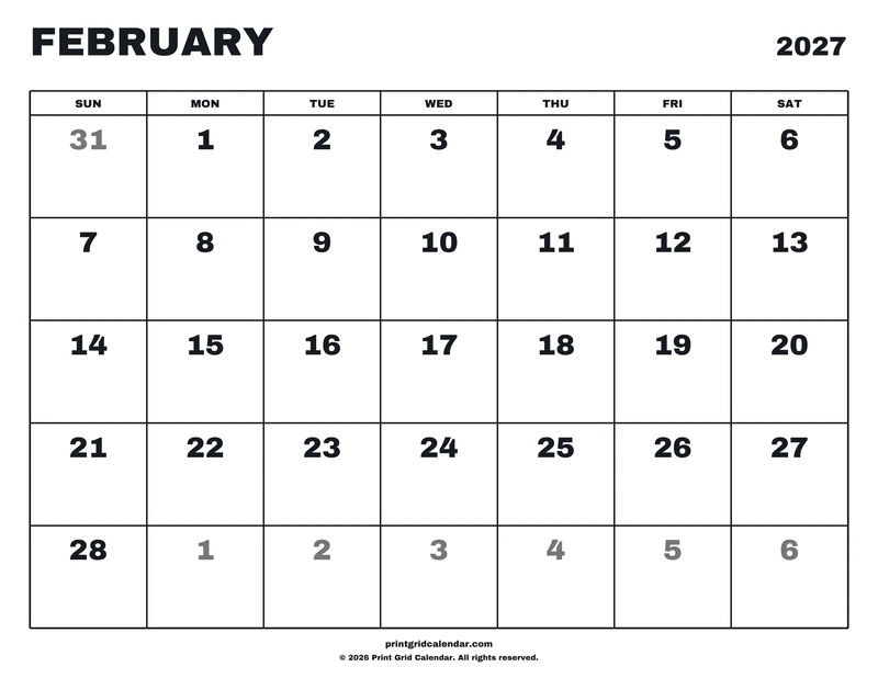 February 2027 Calendar — Big statement — US Letter · Landscape · Sunday start