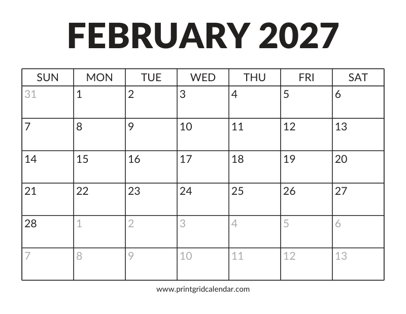 February 2027 Calendar — Bold Display — US Letter · Landscape · Sunday start