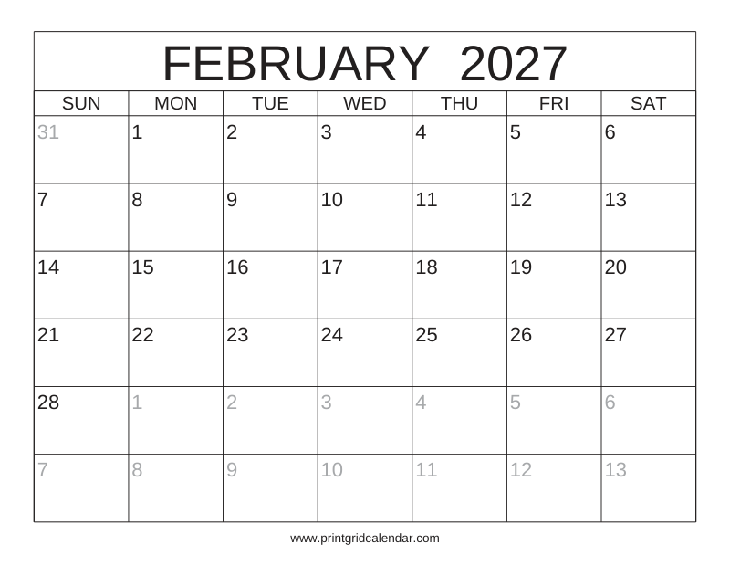 February 2027 Calendar — Classic Frame — US Letter · Landscape · Sunday start