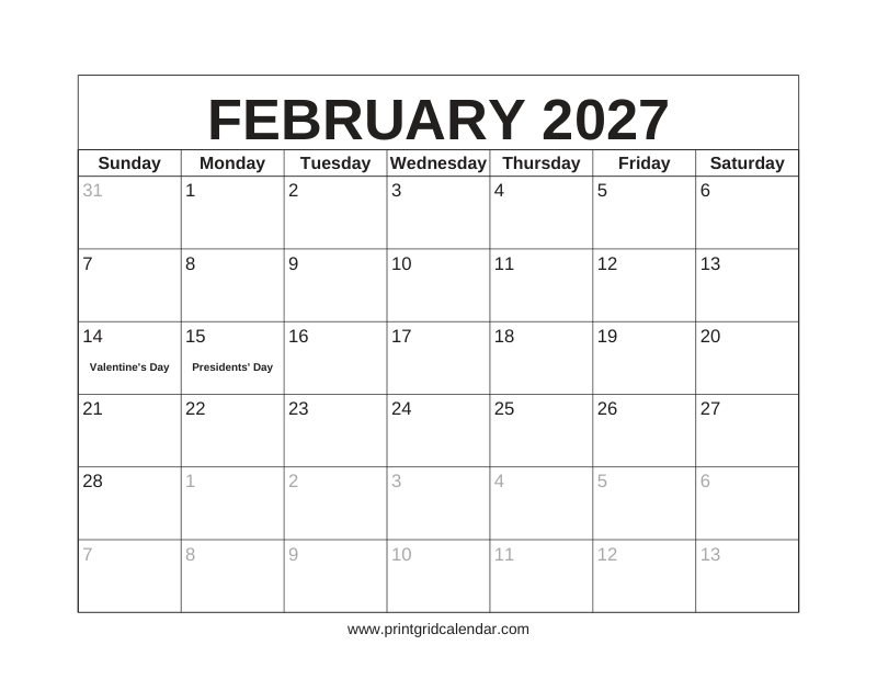 February 2027 Calendar — US Holidays & Observances — US Letter · Landscape · Sunday start