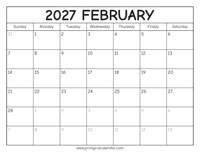 February 2027 Calendar — Rounded Outline — US Letter · Landscape · Sunday start