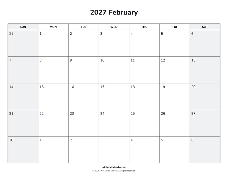 February 2027 Calendar — Weekend rhythm — US Letter · Landscape · Sunday start