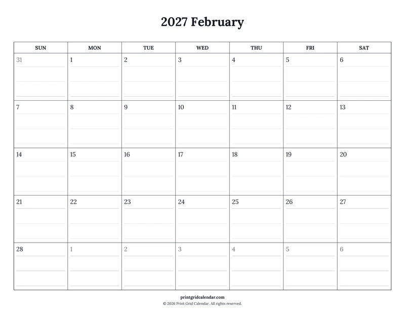 February 2027 Calendar — Ruled journal — US Letter · Landscape · Sunday start