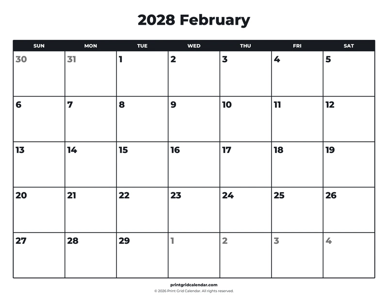 February 2028 Calendar — Bold essentials — US Letter · Landscape · Sunday start