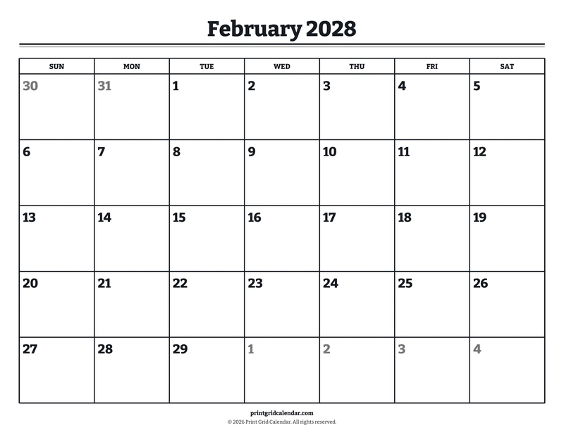 February 2028 Calendar — Bookish bold — US Letter · Landscape · Sunday start