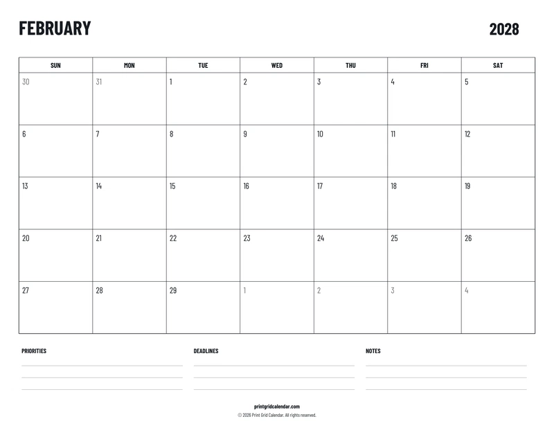 February 2028 Calendar — Plans below — US Letter · Landscape · Sunday start