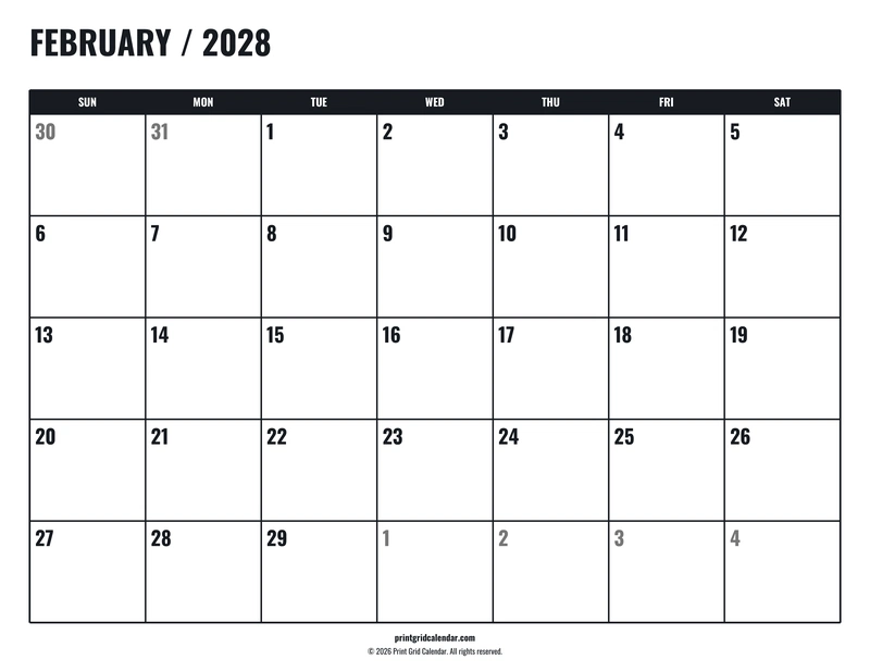 February 2028 Calendar — Tall workspace — US Letter · Landscape · Sunday start