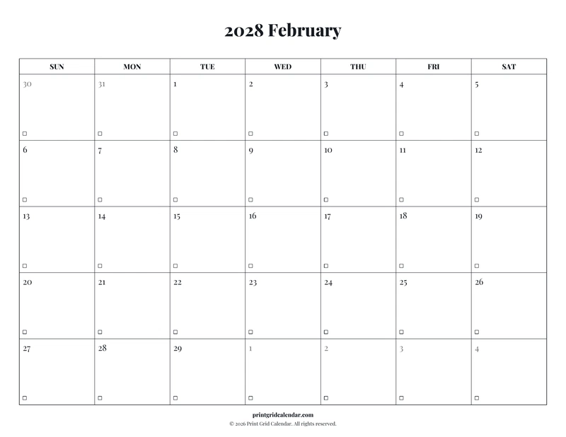 February 2028 Calendar — Editorial checklist — US Letter · Landscape · Sunday start
