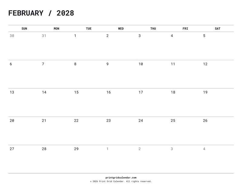 February 2028 Calendar — Quiet minimal — US Letter · Landscape · Sunday start