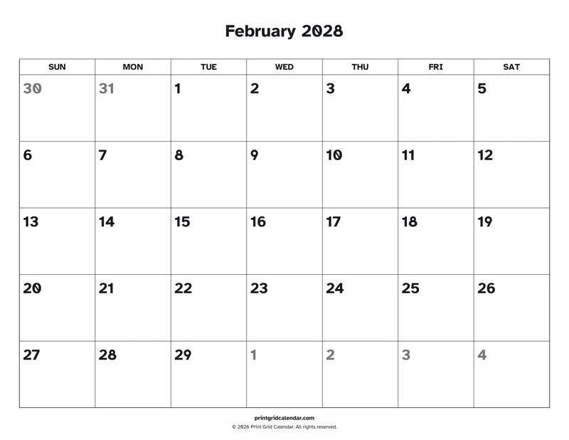 February 2028 Calendar — Easy read — US Letter · Landscape · Sunday start