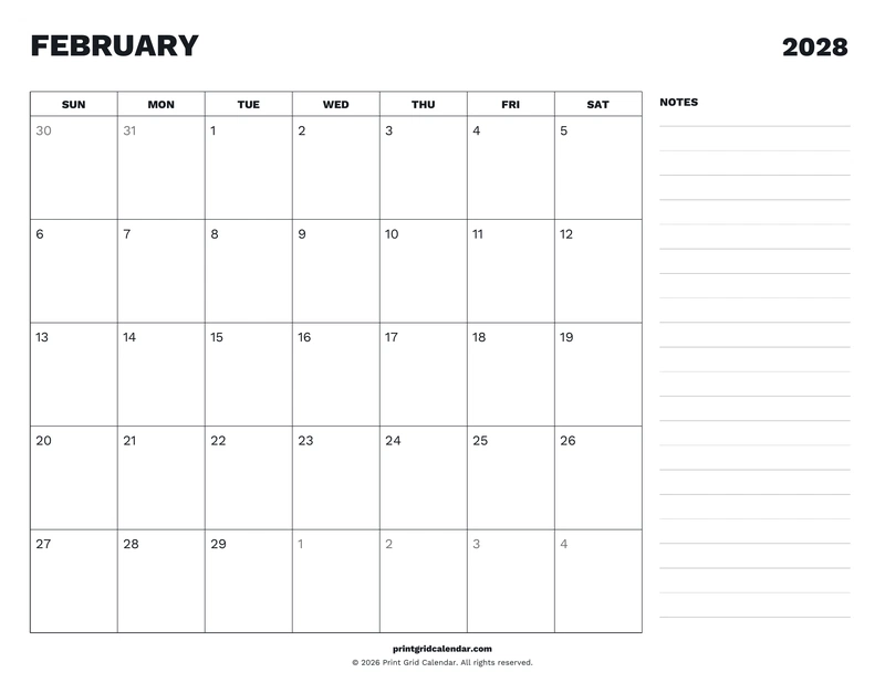 February 2028 Calendar — Desk notes — US Letter · Landscape · Sunday start