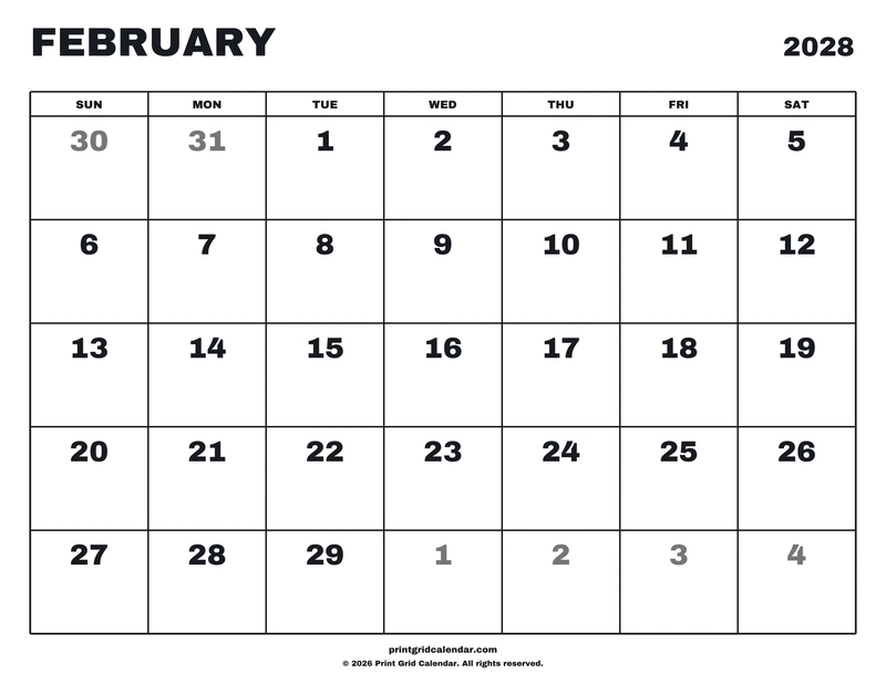 February 2028 Calendar — Big statement — US Letter · Landscape · Sunday start