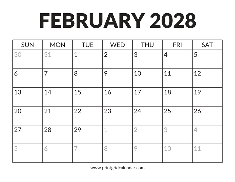 February 2028 Calendar — Bold Display — US Letter · Landscape · Sunday start