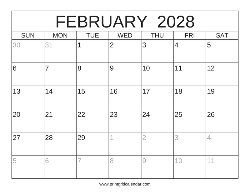 February 2028 Calendar — Classic Frame — US Letter · Landscape · Sunday start