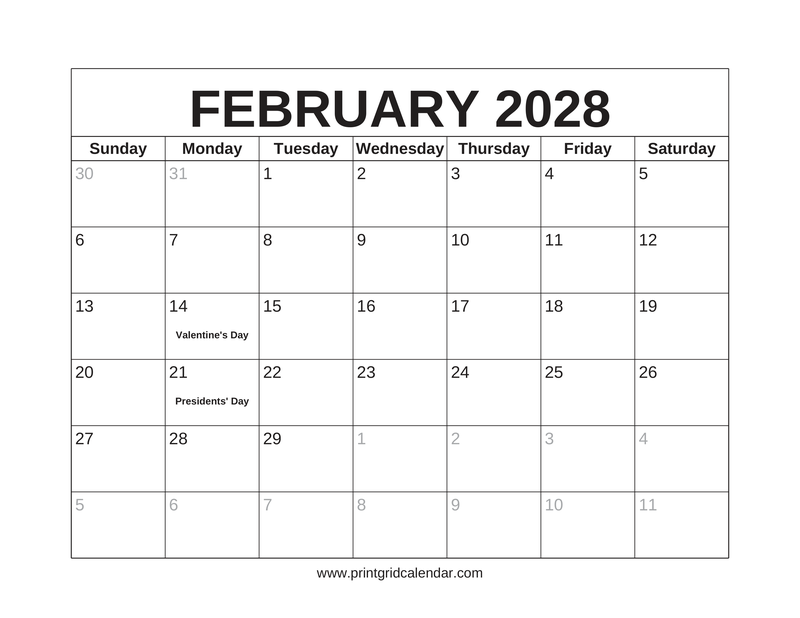 February 2028 Calendar — US Holidays & Observances — US Letter · Landscape · Sunday start